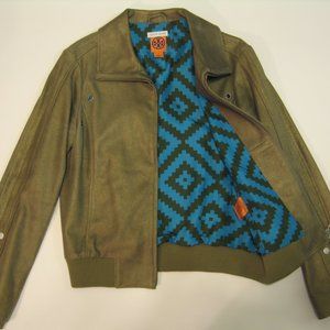 TORY BURCH Metallic JACKIE Leather Zip Jacket Sz 8 Green Olive